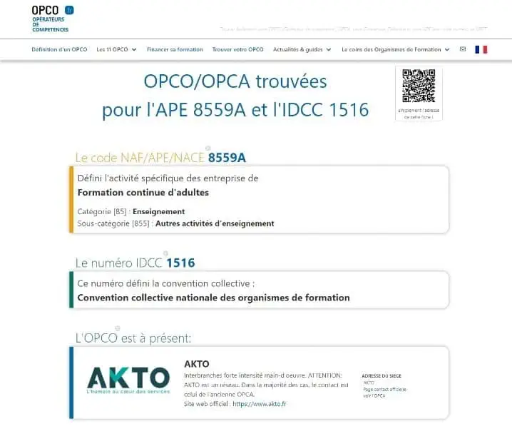Capture d'écran des résultat de recherche d'OPCO pour la convention collective 1516. L'AKTO est l'OPCO correspondant à cette convention collective.